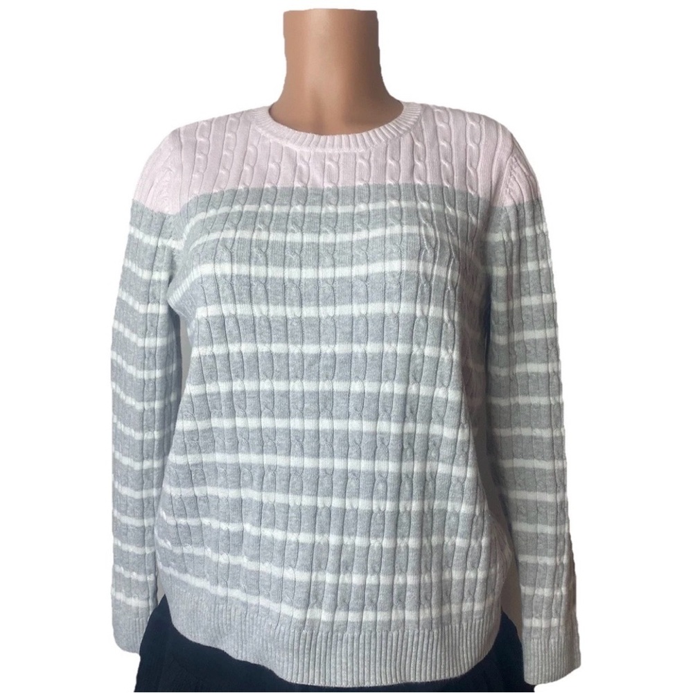 Croft & Barrow Pink, White & Gray Striped Pullover Sweater – Women’s Medium